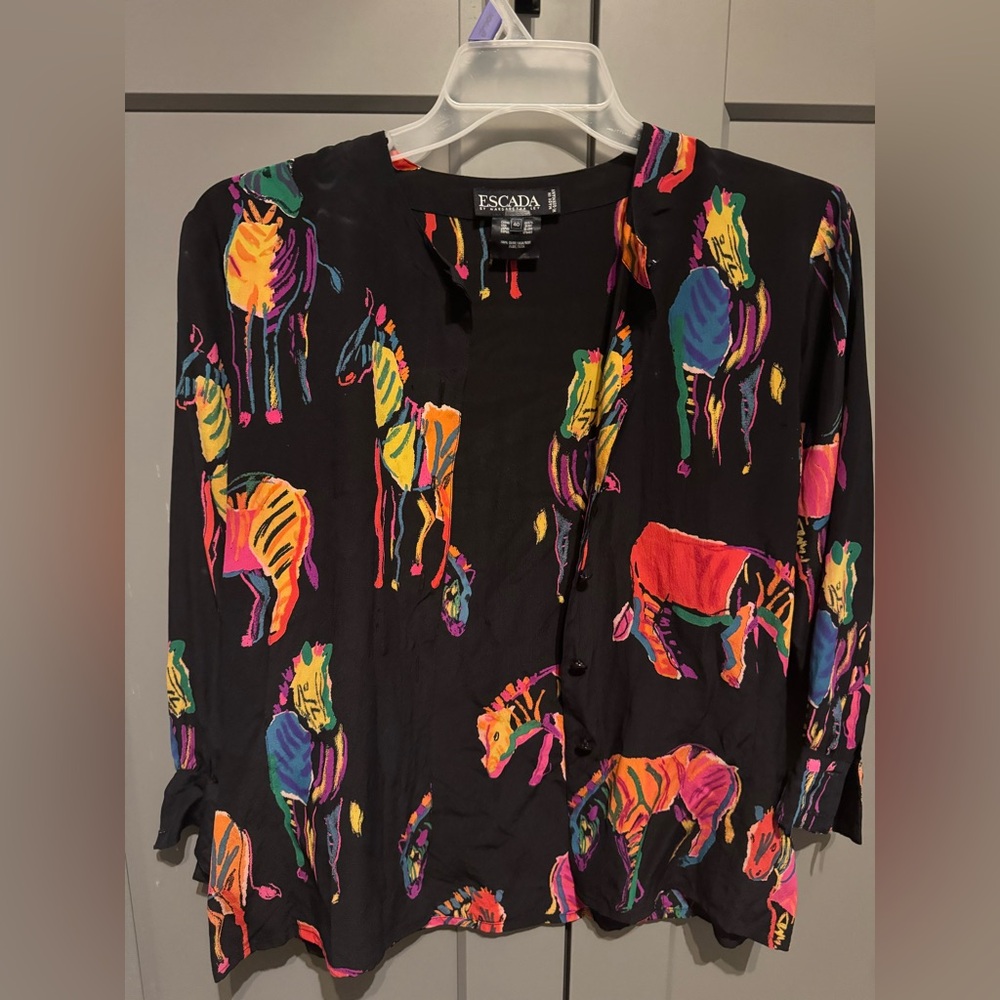 Vintage Escada Silk Colorful Rainbow Zebra Blouse Size Large/40